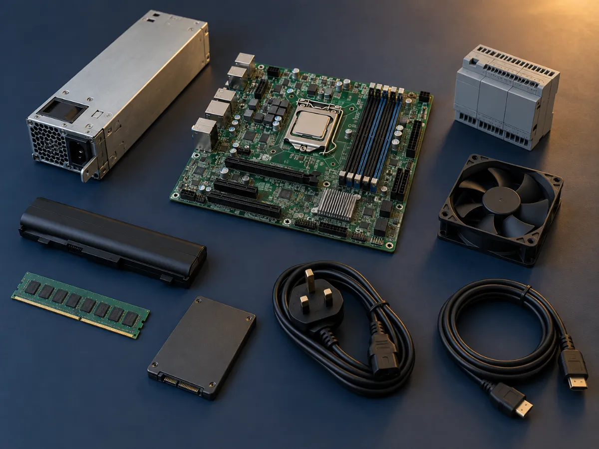 IT and industrial spare parts sourced by NJ Bravo: server power supply, motherboard, laptop battery, PLC module, cooling fan and cables