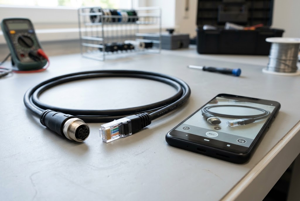 Cable with circular and network-style connectors shown beside a phone for identification.