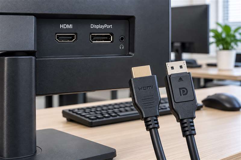 HDMI and DisplayPort ports and cables at an office monitor