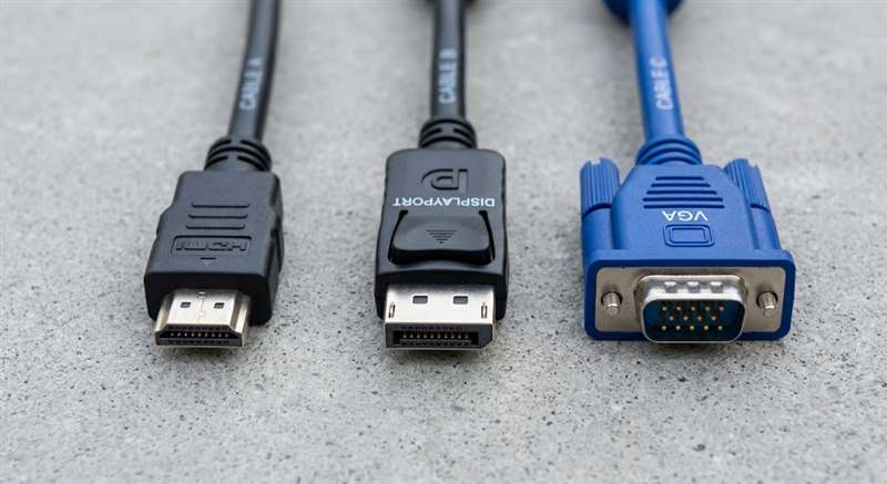 HDMI, DisplayPort and VGA connectors for display cable comparison