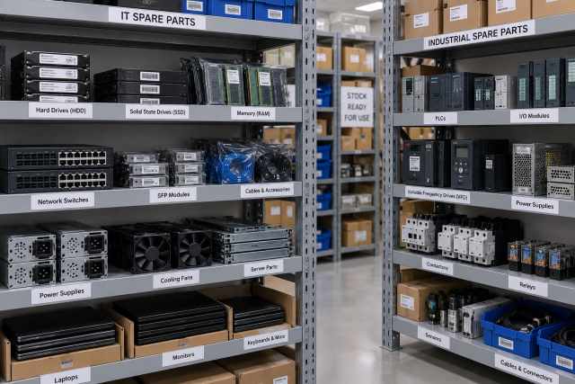 Organised shelving of IT and industrial spare parts for sourcing discontinued equipment