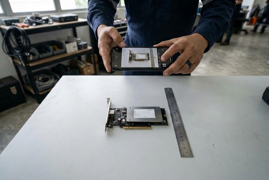 Technician photographing an IT expansion card beside a ruler for identification.