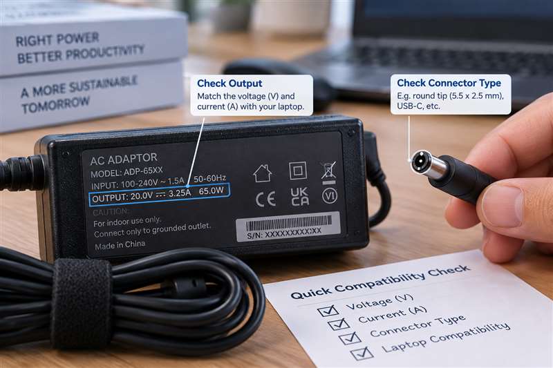 Laptop adaptor output label and barrel connector for compatibility checking
