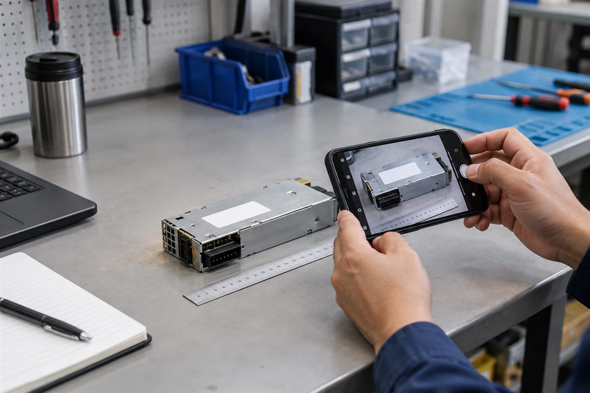 Technician photographing an IT replacement part, label area and connectors for supplier identification