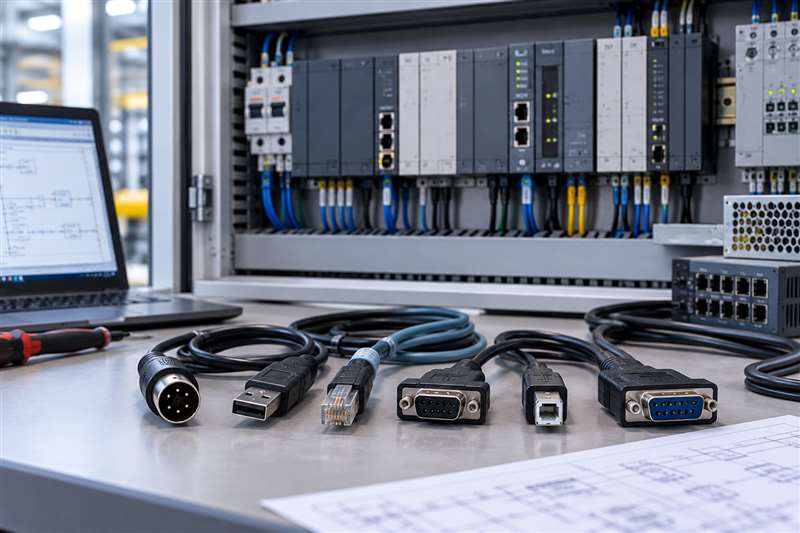 PLC programming and communication cable connectors beside industrial automation equipment