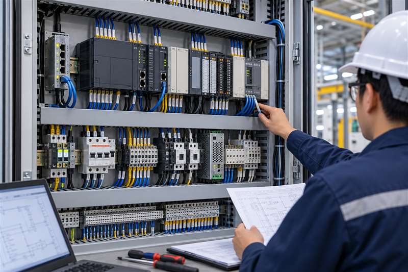 Technician inspecting an industrial PLC control panel and cable connections