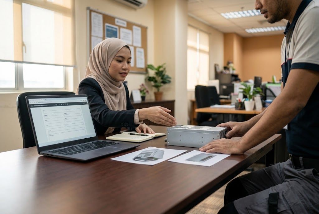 Buyer and technician discussing a replacement-part quotation at a desk.