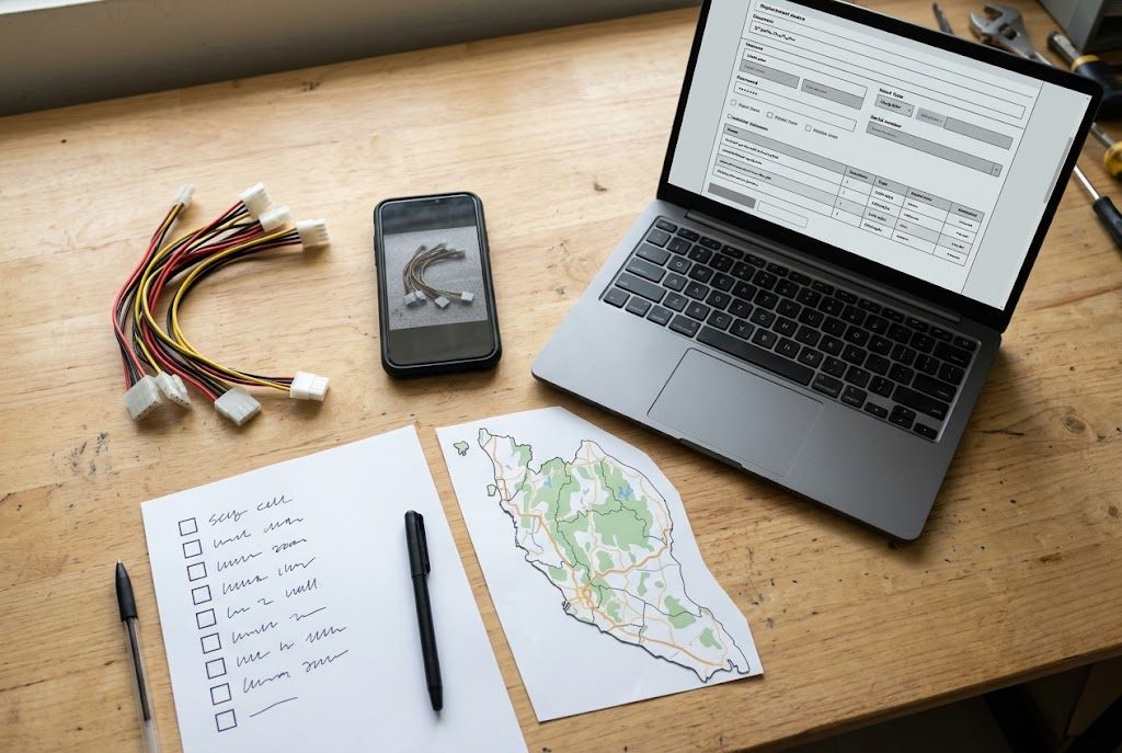 Replacement-part cable set, checklist and laptop used to prepare a quotation request.