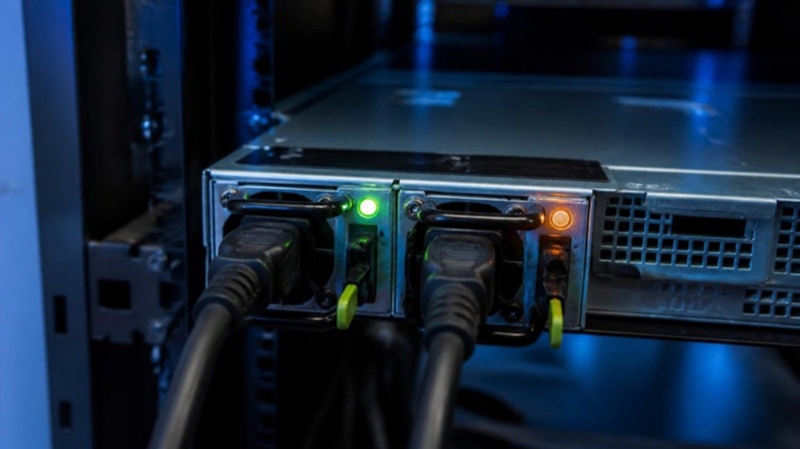 Rack server with two hot-swap power supplies, one LED green and one amber