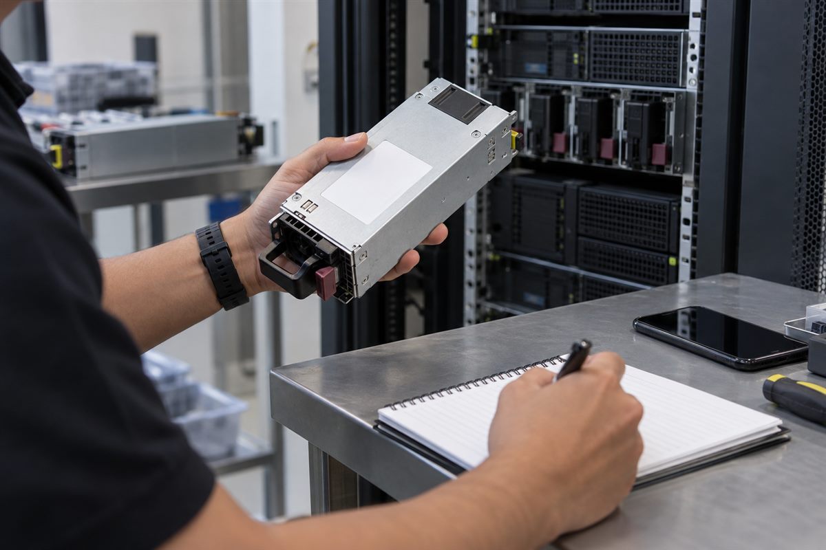 Technician inspecting an unbranded server power supply label and connector before replacement sourcing