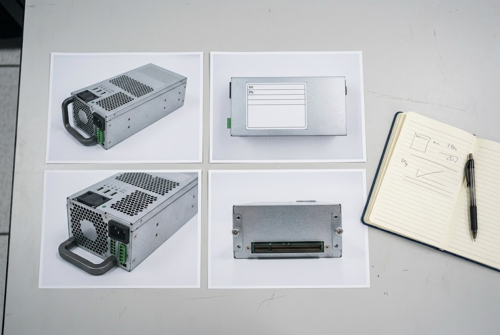 Reference views of a server power supply showing its exterior and connector.