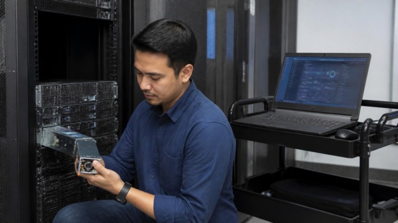 Technician holding a hot-swap server power supply beside a rack