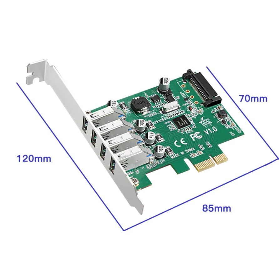 PCIe to 4 Port USB 3.0 expansion card NEC VIA chipset SATA power low profile - view 3