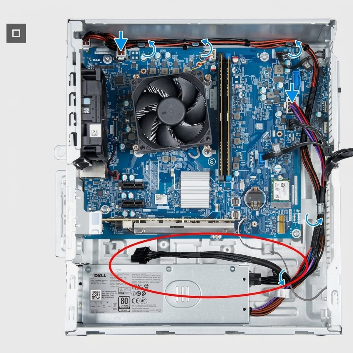 Dell Pro Tower chassis showing GPU power cable routing from the power supply to the graphics card