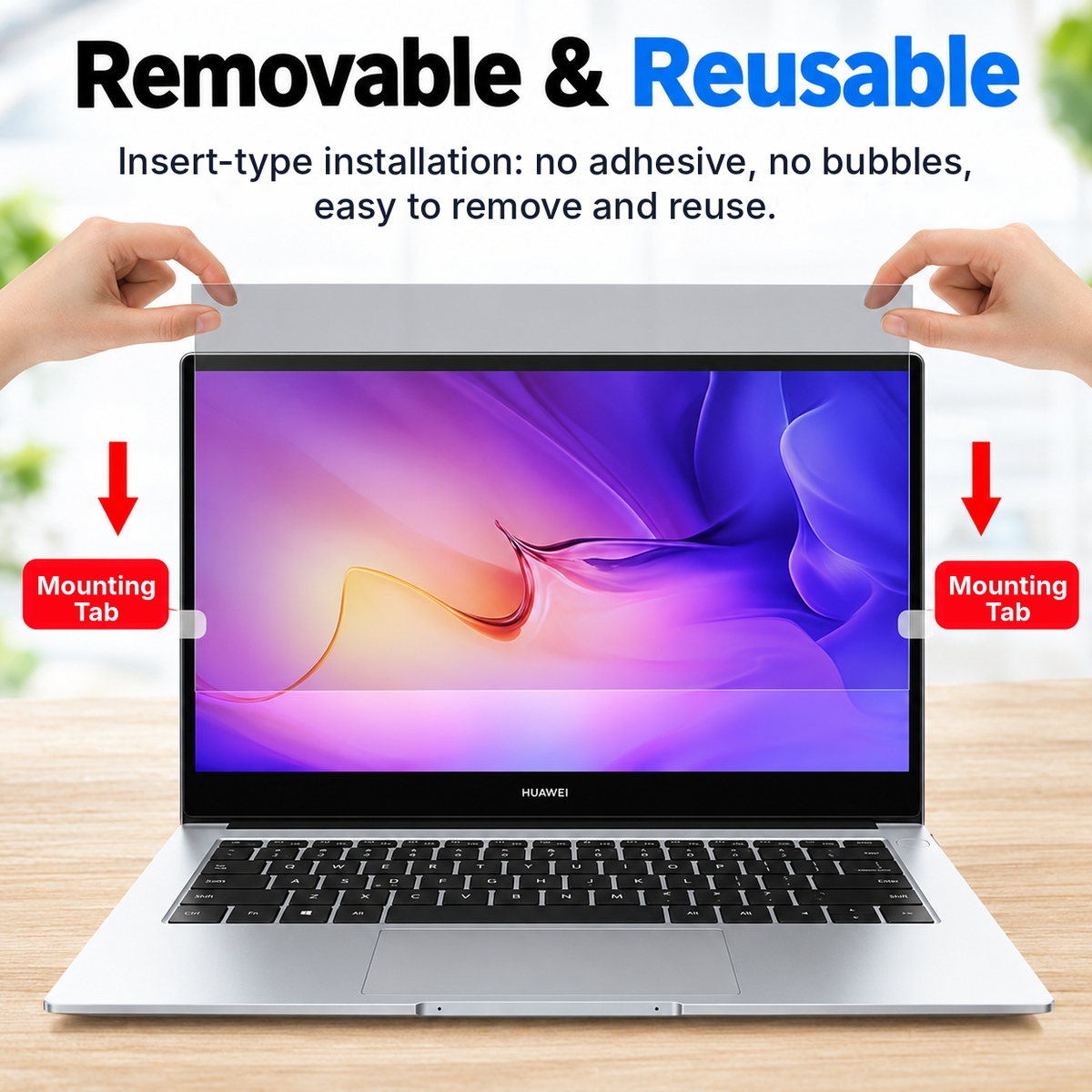 Laptop privacy screen filter insert-type installation with mounting tabs, no adhesive, removable and reusable