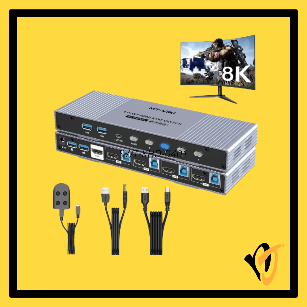 MT-Viki MT-KH804 4-port HDMI 2.1 KVM switch 8K with desktop controller and cables