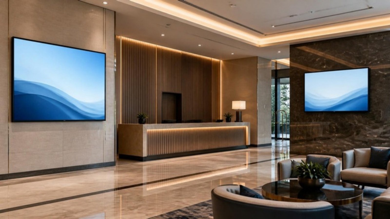 Hotel and office lobby with wall-mounted digital signage screens fed by an HDMI extender