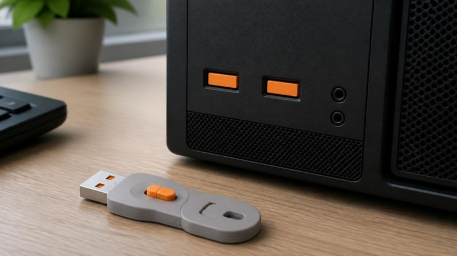 Desktop PC front USB-A ports locked with orange port blockers, with the removal key on the desk