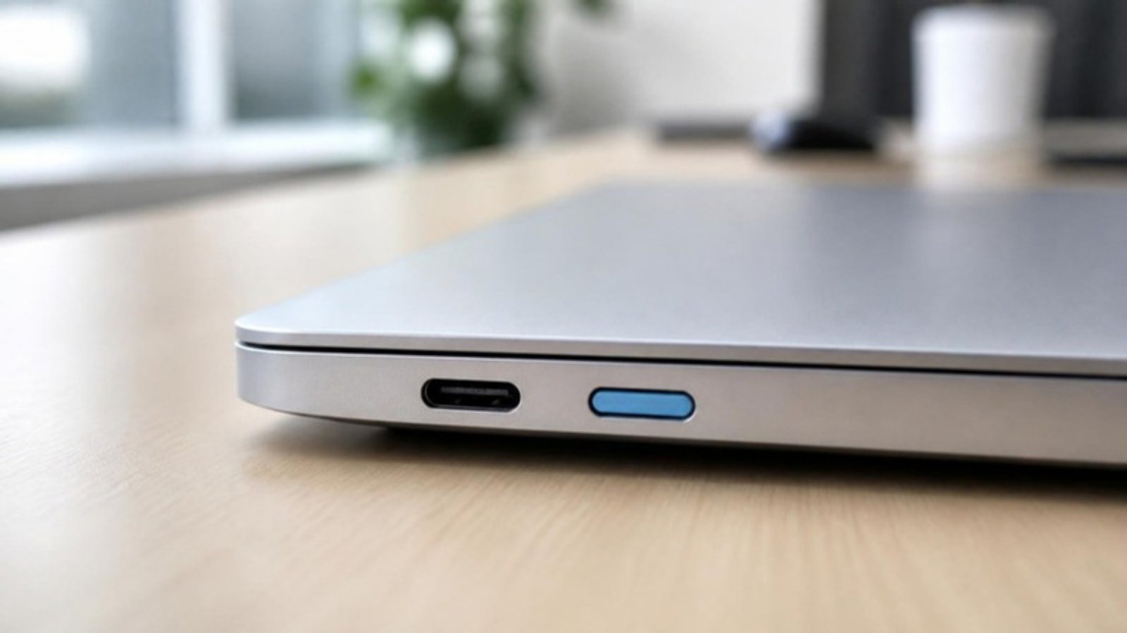 Laptop with one open USB-C port and one USB-C port locked with a blue port blocker